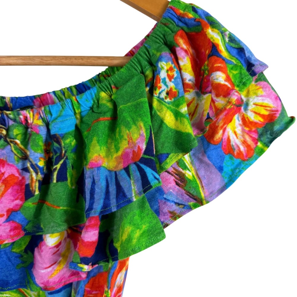 Lauren Ralph Lauren Tropical Floral Linen Top XXS Blue Green‎ Boho Resort Ruffle - Picture 4 of 8
